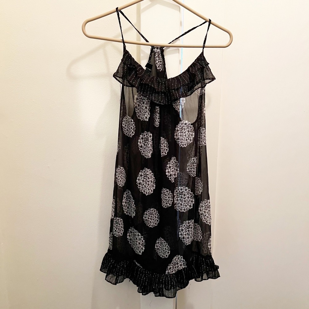 Cynthia Rowley Strappy Racerback Blouse Large Black Floral Ruffle Sleeveless